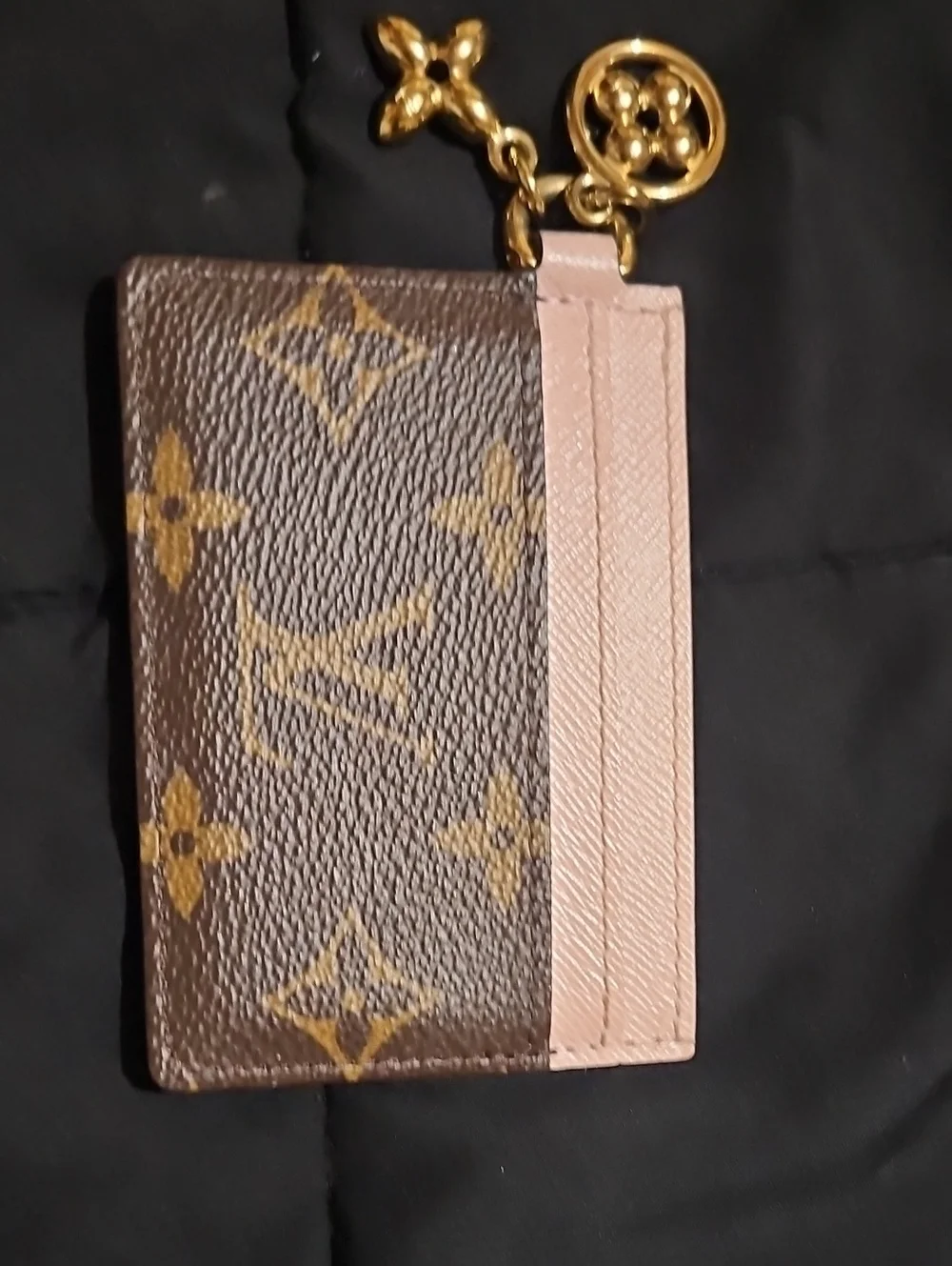 Louis Vuitton Brown Monogram Card Holder with Pink Trim and Gold Charm